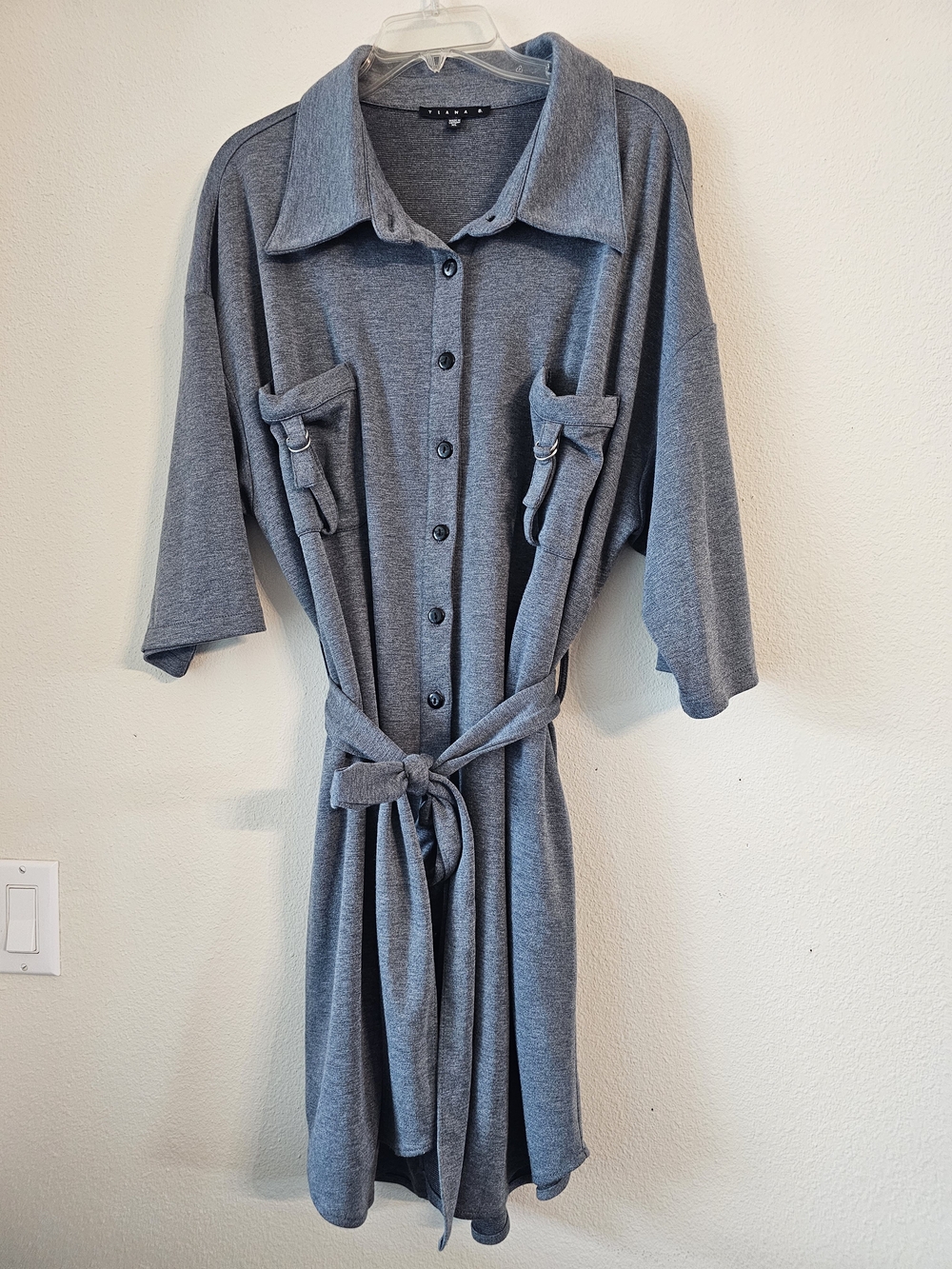 Tiana B. Gray Button-Front Midi Shirt Dress with Tie Waist